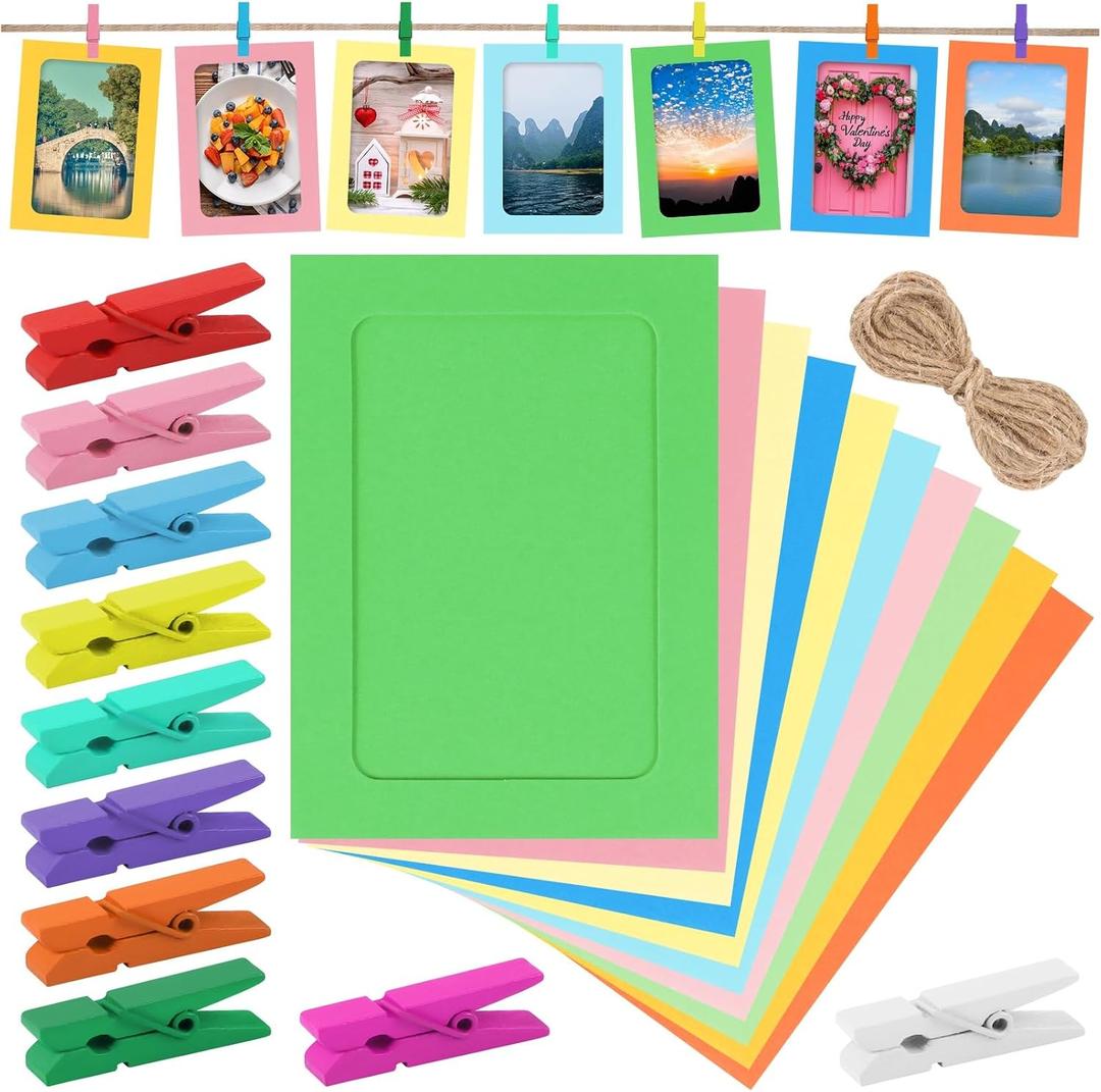 Paper Picture Frames 4x5 Inch with Clips Hanging Photo Display Banner for Pictures Colorful DIY Cardboard Frames with String for Wall Decor and Party Supplies,10 Pcs