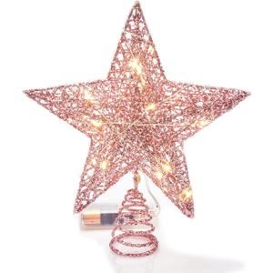 Emopeak 20 LED Christmas Tree Topper, 8 x 10 Inch Indoor Iron Art Star Treetop Light, Two Modes (Keep Light ON/Flash) (Pink, 8"/20CM)