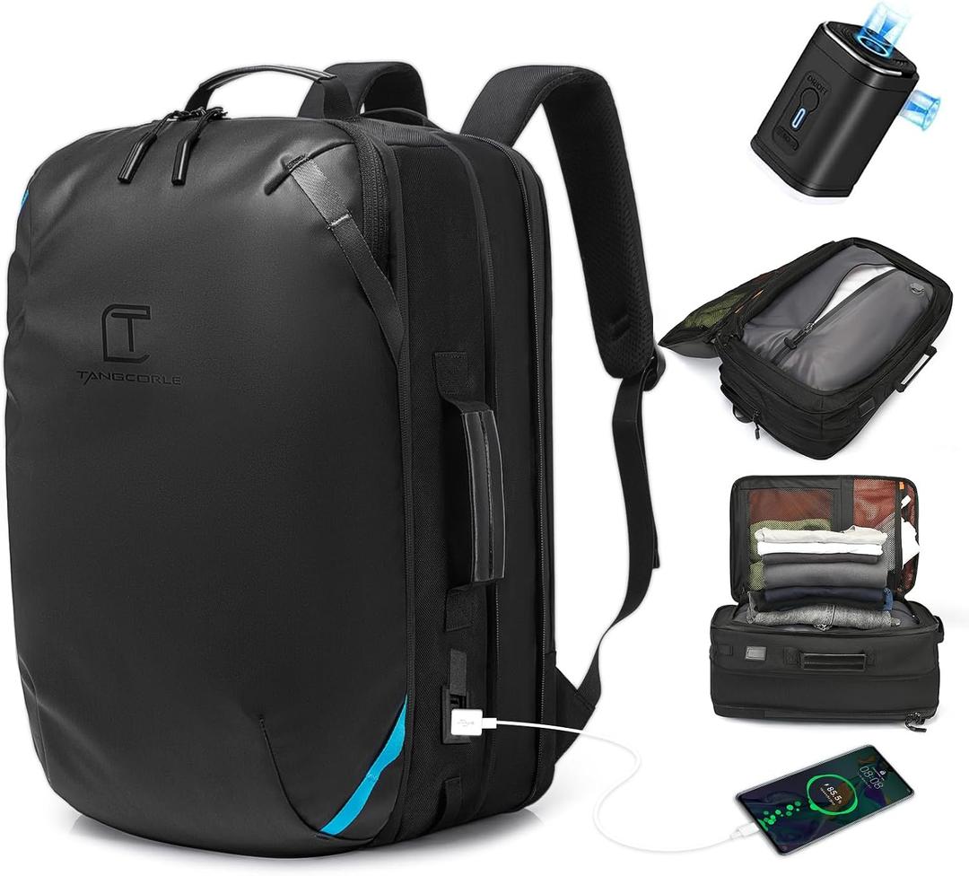 TANGCORLE Vacuum Compression Backpack with Pump, Extra Large Capacity 50L Expandable Travel Backpack, Water Resistant 17.3" Laptop Backpack with USB Charging Port for Men & Women