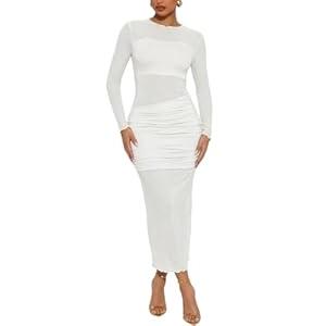Ekaliy Women's Sexy Mesh Dress Long Sleeve Mock Neck Bodycon Sheer Ruched Maxi Dress Party Cocktail Dresses, SIze S(Black)