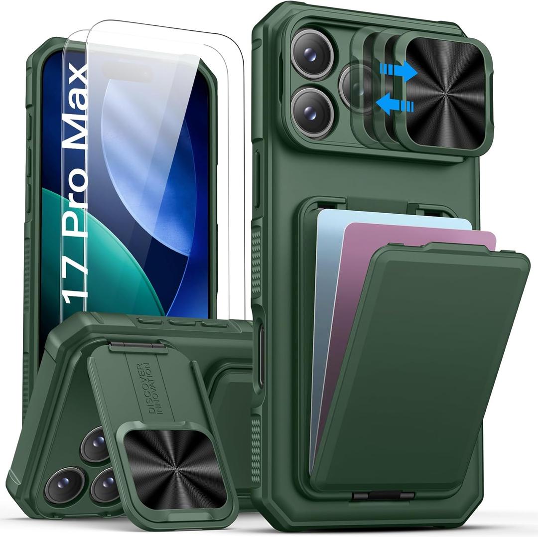 SSLOTSCASE for iPhone 17 Pro Max Case with 2X Glass Screen Protector, HD Clarity Anti-Scratch, Card Holder & Kickstand & Slide Lens Cover, Rugged Women Men Phone Cover for iPhone 17 Pro Max, Green