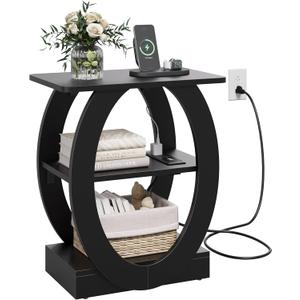 End Table with Charging Station, Black Side Table with USB Ports and Power Outlets, Wood Nightstand with Large Storage Shlef for Living Room Bedroom Sofa Couch, Bedside Table Night Stands, 1-Pack