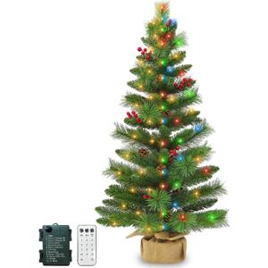 3 Ft Tabletop Christmas Tree Remote Control Artificial Small Christmas Tree 50 Warm White&Colored Lights Battery Operated 12 Modes Timer Pinecones Red Berries Burlap Base Xmas Christmas Decorations