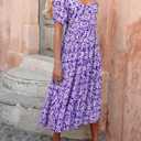 PRETTYGARDEN Puff Short Sleeve Cewneck Floral Long Fall Dresses for Women 2025 Flowy Tiered Hem Maxi Wedding Guest Dress (Purple, S)