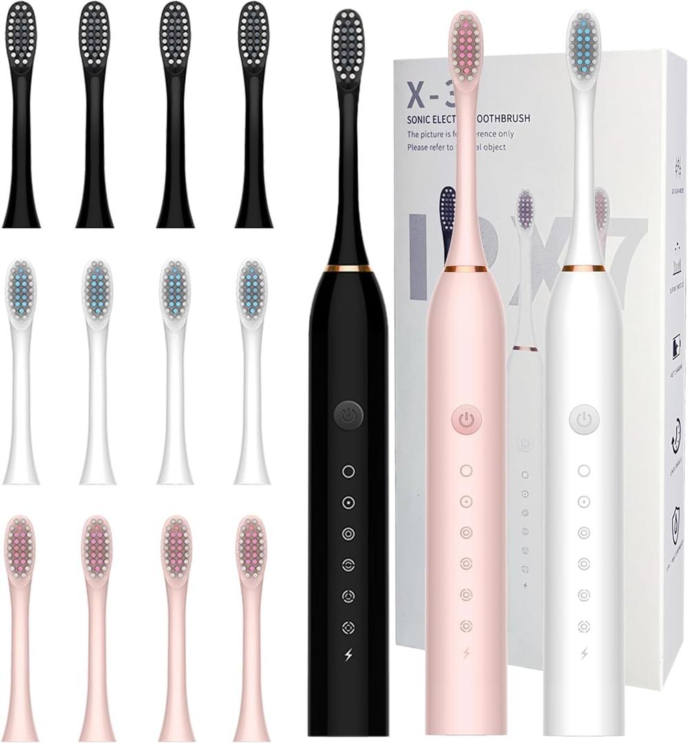 MSETGRD 3 Pack Electric Toothbrush with 6 Modes, Rechargeable Toothbrushes with 12 Brush Head, Fast Charge 2 Min and 30s Timer Toothbrush, Black, White, Pink