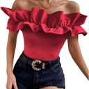 OYOANGLE Women's Ruffle Trim Off Shoulder Short Sleeve Blouse Party Tops Shirt (Red, M)