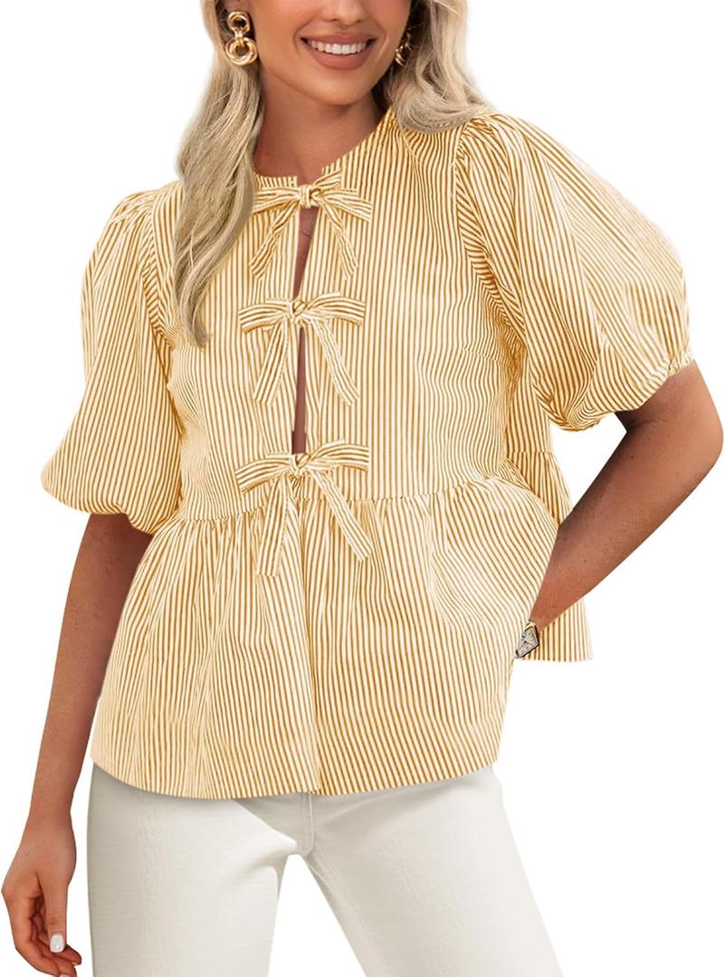 PRETTYGARDEN Women's Tie Front Striped Shirt 2026 Summer Trendy Fashion Cute Babydoll Tops Peplum Puffy Sleeve Blouse