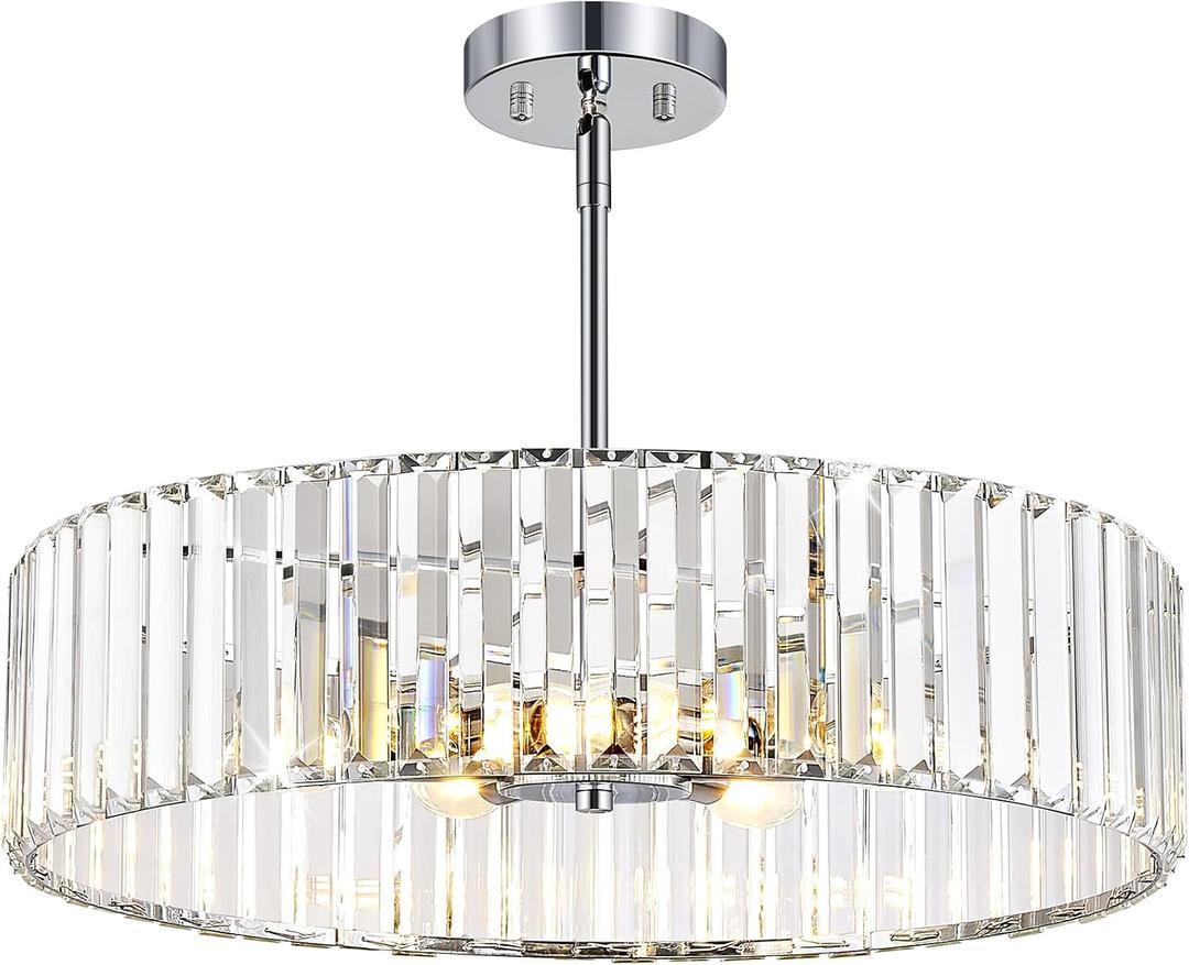 YURNYQ Chrome Crystal Ceiling Light Fixture, Modern Semi Flush Chandelier, Round Hanging Lighting Chandeliers for Dining Room, Kitchen, Bedroom, 6-Light, 19.68 Inch