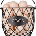 Chicken Egg Basket for Gathering Fresh Eggs, Wire Egg Collecting Basket | Metal Handle, Wooden Base, Round Egg Holder Countertop, Vintage Farmhouse Kitchen Decor, Fruit Storage