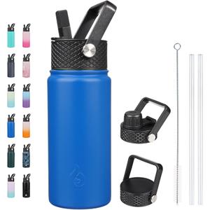 BJPKPK Insulated Water Bottles with Straw Lid, 18oz Stainless Steel Metal Water Bottle, Cold Hot Thermos with 3 Lids, Leak Proof BPA Free Travel Cup, Wide Mouth Flasks, Thermos -Sapphire