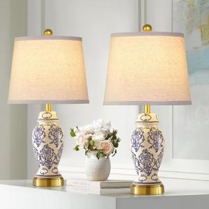 Chinoiserie Ceramic Small Table Lamps Set of 2 for Living Room Bedroom Bedside, Traditional Beige and Blue Porcelain Classic Table Lamp for Nightstand Entryway, 2 LED Bulbs Included