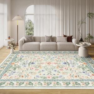 Washable Boho Area Rug 8'10' Beige Green Pink Boho Large Living Room Rug Floral Non-Slip Colorful Indoor Decor Soft Oriental Vintage Bedroom Carpet Dining Room Nursery Home Office