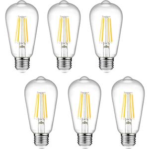 Ascher Dimmable Vintage LED Edison Bulbs, 6W, Equivalent 60W, 700lm, Warm White 2700K, 80+ CRI, ST58 Antique LED Filament Bulbs, E26 Medium Base, Clear Glass, Pack of 6