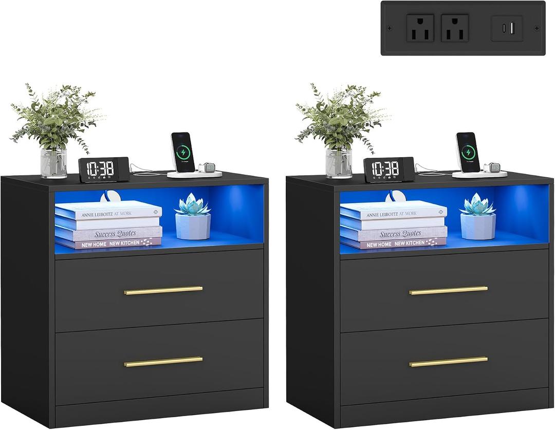 VASAGLE 23.6‑Inch Wide Nightstands, Set of 2, LED Lights, 2 Drawers