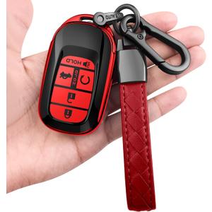 Sindeda for Honda Key fob Cover with Leather Keychain Soft TPU Full Cover Protection,for 2022 2023 2024 2025 Civic Accord HR-V Pilot CR-V,5-Buttons Key Fob Shell(Red)