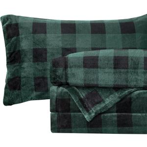 Elegant Comfort Luxuriously Soft 4-Piece Velvet Plush Flannel Sheet Set - Premium Quality - Cozy Warm, Anti-Static, Non Pilling Fuzzy Velvet Flannel Fleece Deep Pocket Sheet Set - Queen, Buffalo Green