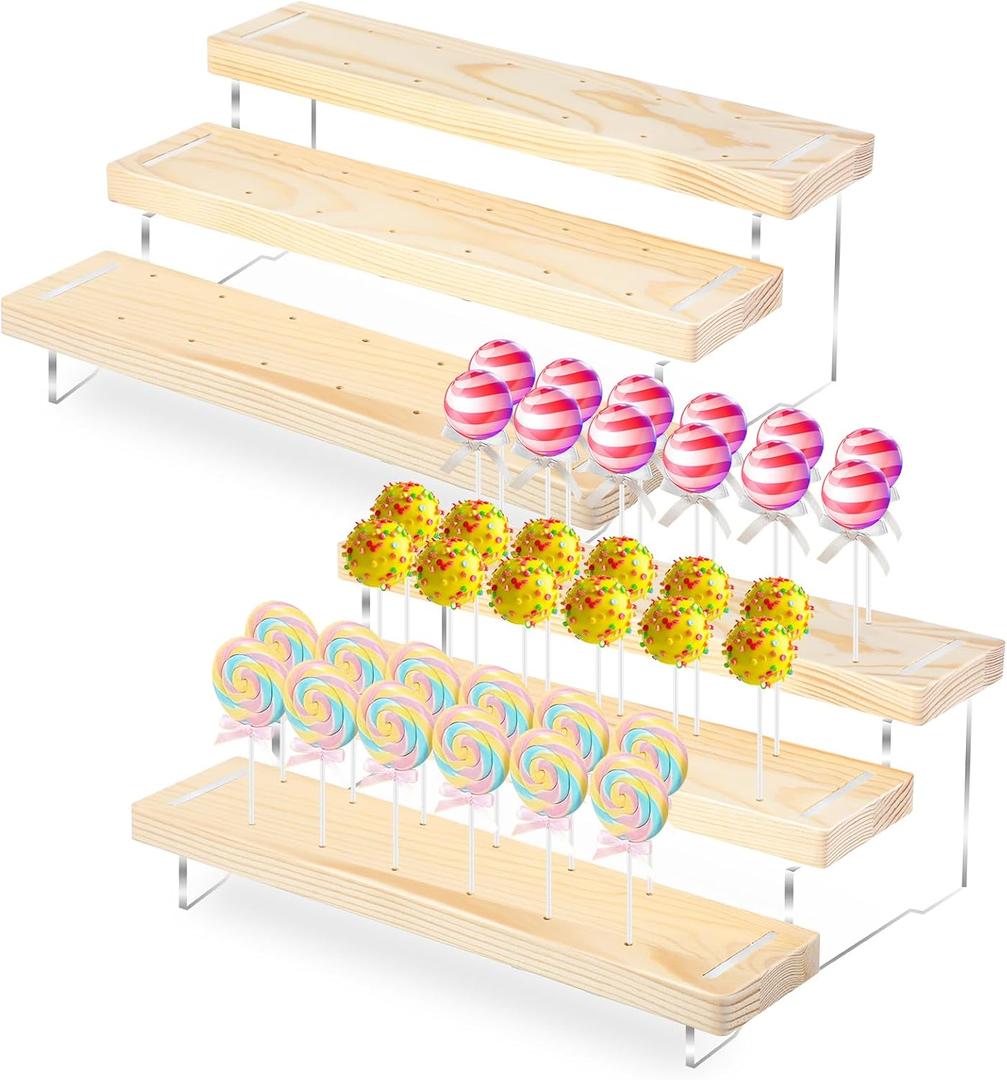 2 Pack Cake Pop Stand Display Riser, Lollipop Display Stand Holder, 3 Tier 36 holes, Acrylic Pine Wood Dessert Table Stands, for Weddings Birthday Baby Shower Candy Buffet Parties, Fit 3mm Sticks
