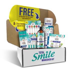 GuruNanda Total Smile Makeover Kit Regular with Cocomint Oil Pulling, Dual Barrel Whitening Mouthwash, Whitening Strips & Butter on Gums Toothbrushes (5.27 Fl Oz (Pack of 5))