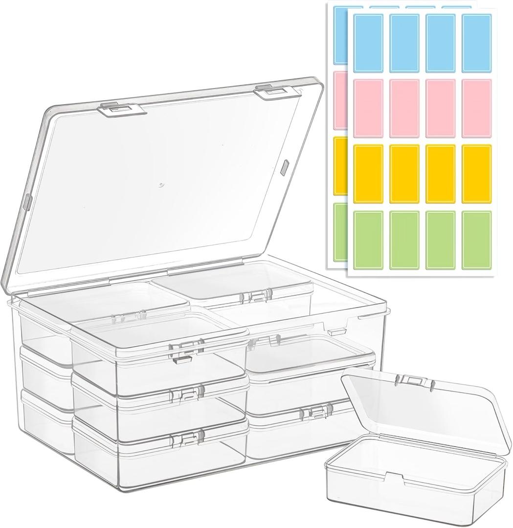 zoeynex Medium Plastic Organizer Boxes, 12 Clear Containers with Hinged Lids, for Beads, Jewelry, Crafts, Electronics, Hardware, School Supplies (32 Labels)