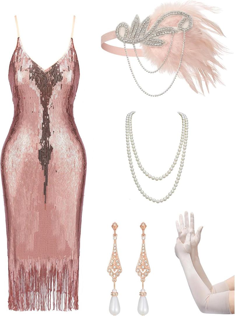 YESSA Flapper Dresses 1920s Gatsby Dresses for Women Roaring 20s Costumes Great Gatsby Outfits with 20s Accessories Set (X-Large, Elegant Champagne Pink)