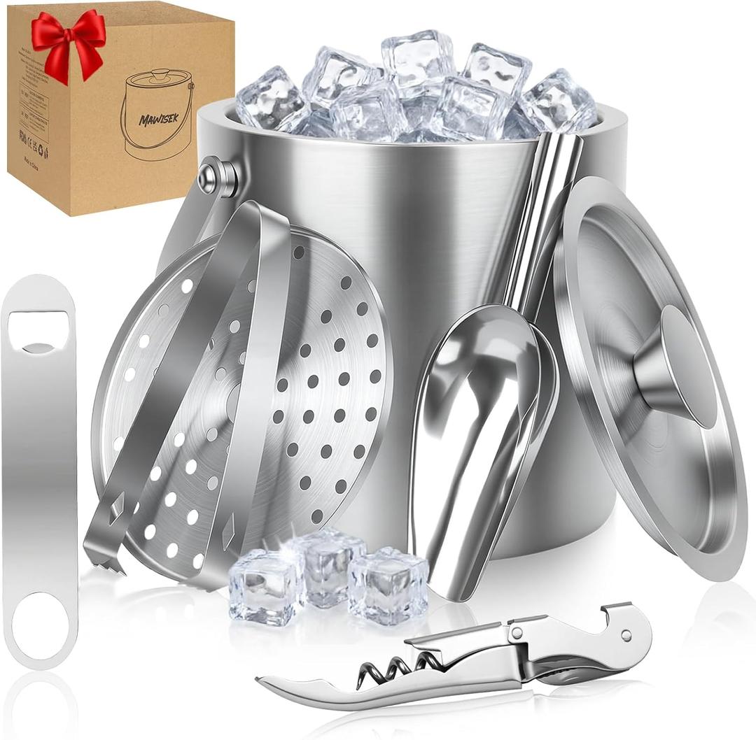 Ice Buckets for Parties 3L (101 fl oz) - 6PC Stainless Steel Ice Bucket with Lid, Scoop, Tongs & Beer Wine Opener – Double-Wall Insulated Bar Ice Bucket for Cocktail Bar & Outdoor Events  