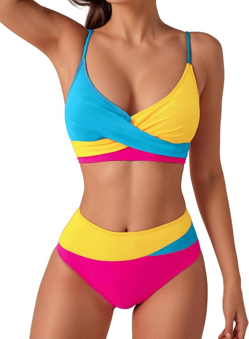YELAIVP High Waisted Bikini Sets for Women V Neck Bathing Suit for Women Tummy Control Two Piece Swimsuits Swimwear (Large, 182 Blue Yellow Rose Red)