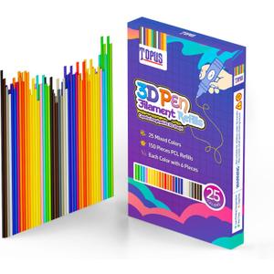 Topus 150Pcs 3D Pen Filament Refills Compatible with 3Doodler Start+ Pen, 25 Colors 3D Filament Bundle, 3D Pen Refill Sticks with 15cm x 6Pcs Per Color, Low Print Temperature PCL Filament 2.5mm Thick