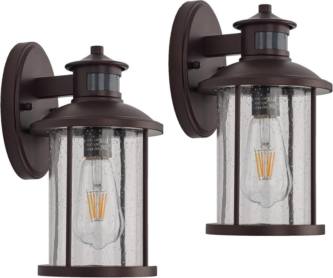 MICSIU 11.5 Inch Motion Sensor Exterior Wall Sconce 2 Pack, Dusk to Dawn Outdoor Lighting with Clear Seedy Glass, Oil Rubbed Bronze Outside Lights for Porch, Garage, Doorway, Pathway.