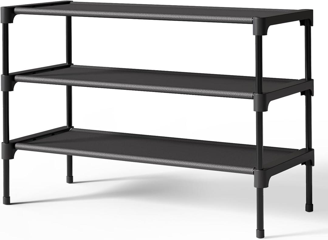 Kitsure Shoe Rack - Non-Woven Shoe Rack Shelf, Shoe Organizer for Closet, Entryway, Garage & Corridor, Stackable Shoe Shelves, 27.5" Wide - 3 Tier, Black
