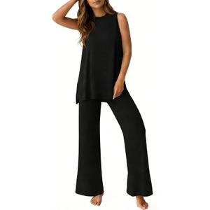 PrinStory Womens Pajamas Sets Lounge Sets for Women Sleeveless Pajama Set 2 Piece Pjs Soft Loungewear with Pockets Black-L