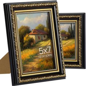 upsimples 5x7 Picture Frame with Real Glass, Ornate Vintage 5 x 7 Photo Frames for Wall Decor or Tabletop Display, Black and Gold, 2 Pack