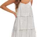 Women's Glitter Sequin Dress Adjustable Spaghetti Strap V Neck Fashion Sparkle Layered Evening Party Dress (White, L)