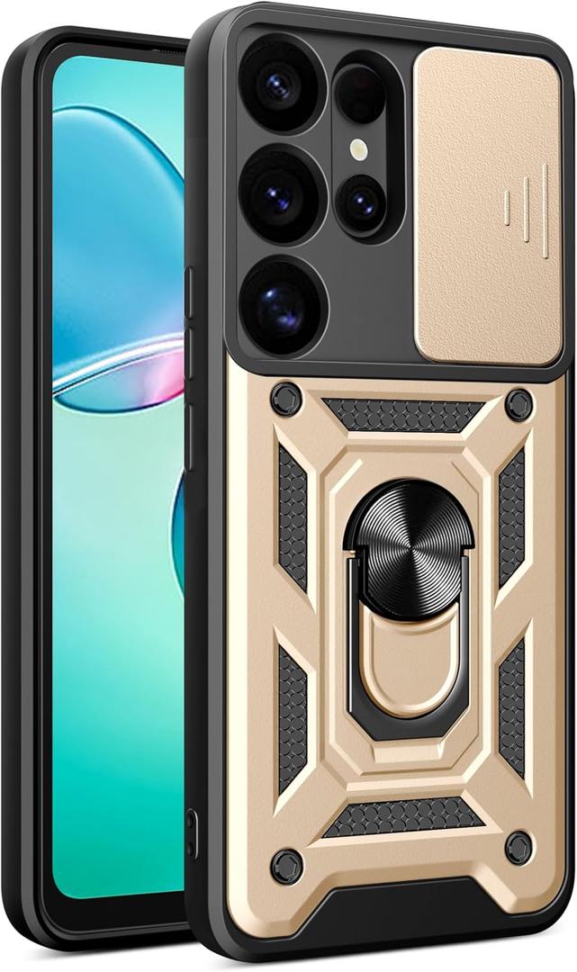 RKINC Case for Samsung Galaxy S25 Ultra Case with Slide Camera Cover & Rotated Ring Kickstand Military Grade Shockproof with Magnetic Car Mount Holder Cover, Gold