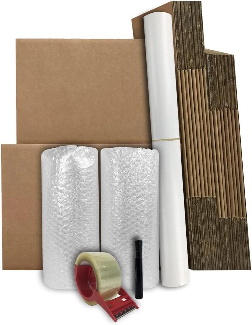 Basic Moving Boxes Kit #1,1 to 2 Bedroom Kit, Boxes and Supplies, Small Spaces Moving Kit, Packaging & Storage Boxes, Bubble Roll, Tape, Packing Paper, Apartment Moving Supplies Kit