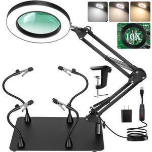 Helping Hands Soldering Station, 10X Magnifying Glass with Light and stand with 4 Magnetic Third Hand Soldering Tool, PCB Holder Magnifier Desk Lamp for Soldering Repairing Jewelry Crafts
