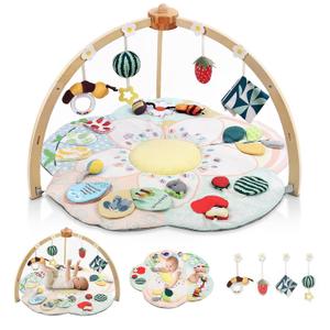 Baby Play Gym & Activity Mat, 5 Developmental Zones Tummy Time Mat with 4 Detachable Sensory Toys, Early Skills & Sensory Development Mat, Newborn Essentials Baby Shower Gift