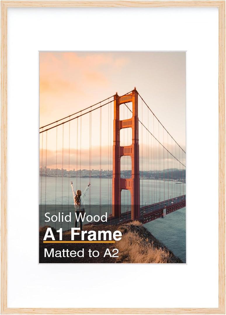 KINLINK A1 Picture Frame, White Oak Solid Wood Frame with Acrylic Plexiglass for Pictures A2 with Mat or A1 without Mat, Wall Mounting Display Photo Frame 1 Pack