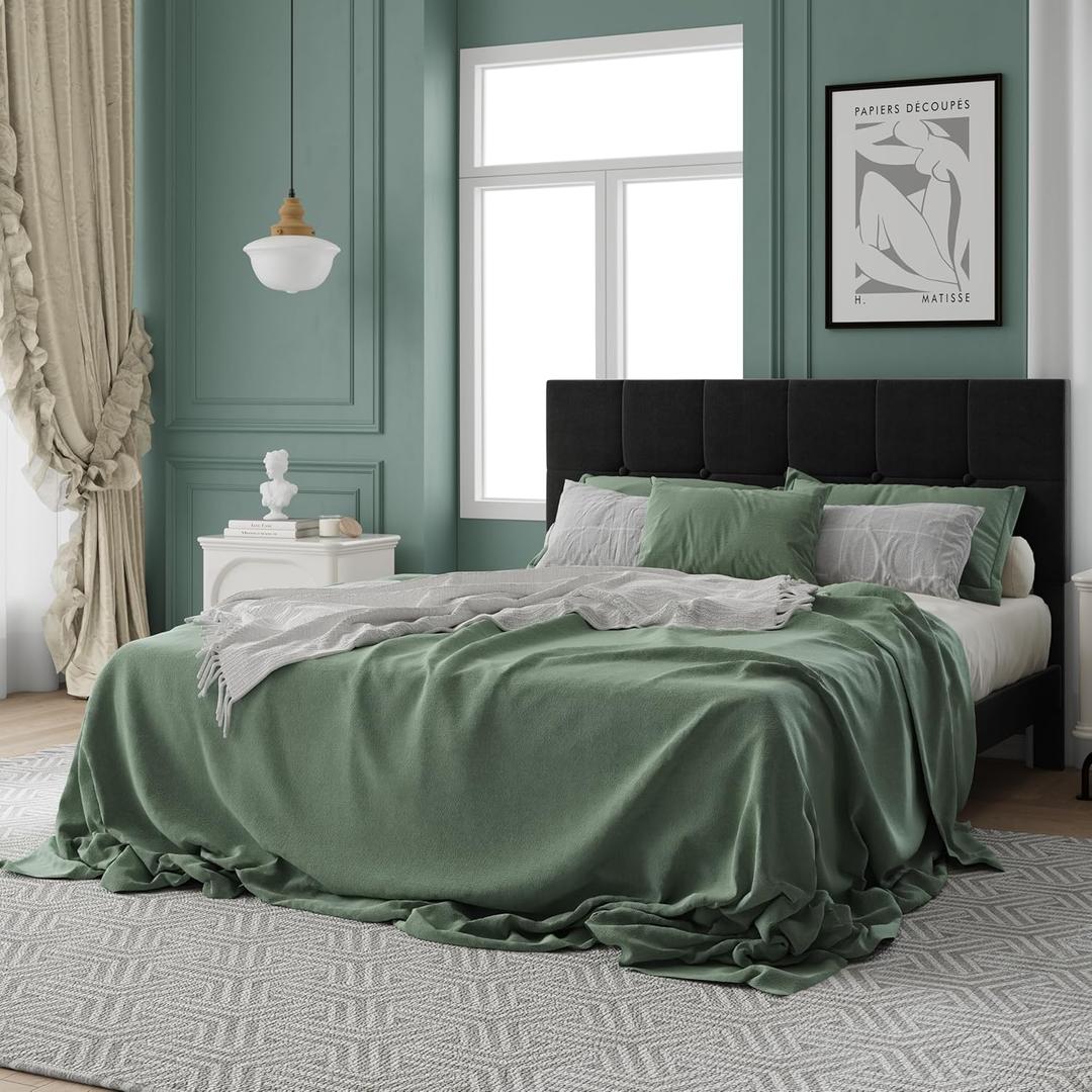 Full Size Platform Bed Frame with Upholstered Headboard, Wooden Slats, No Box Spring Needed (Beige, King) (Black, Queen)