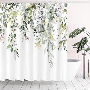 Tititex Eucalyptus Shower Curtain Sets, Watercolor Leaves on The Top Plant with Floral Bathroom Decoration 72x78 Inch with Hooks