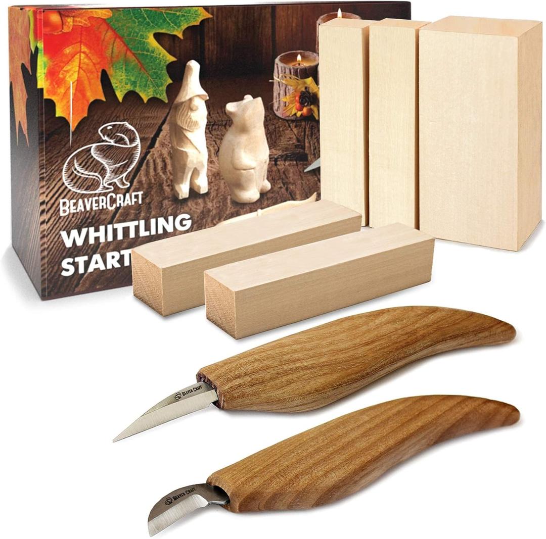 BeaverCraft Wood Carving Kit for Beginners S16  Whittling Knives Sloyd, Chip Wood Carving Knife, Basswood Blocks for Carvers - Whittling Tools Set