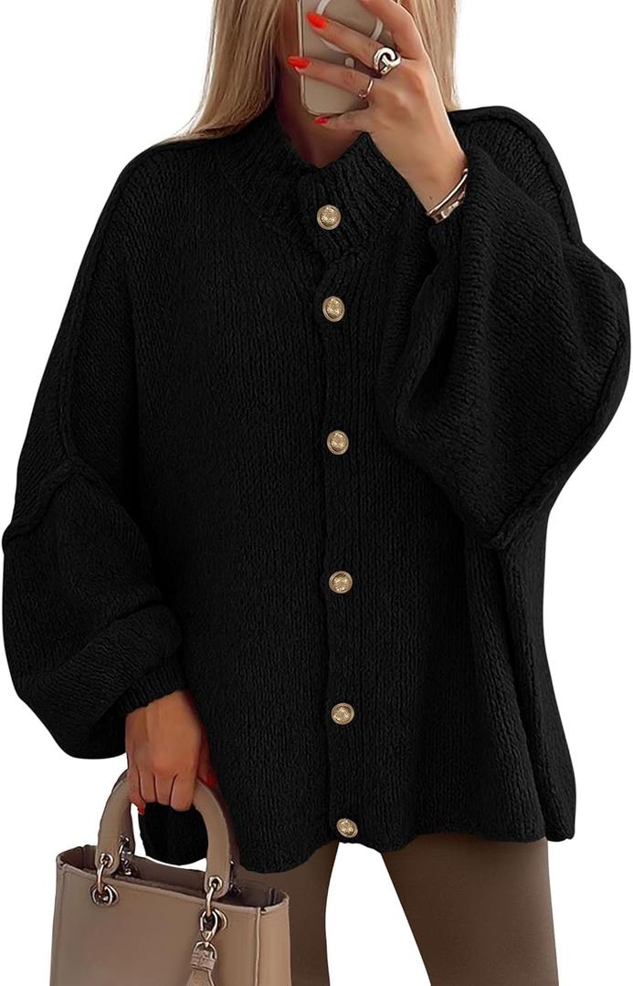 PRETTYGARDEN Women's Winter Button Down Cardigan Sweaters Mock Neck Lantern Long Sleeve Chunky Knit Jacket Trendy Outerwear (Black)