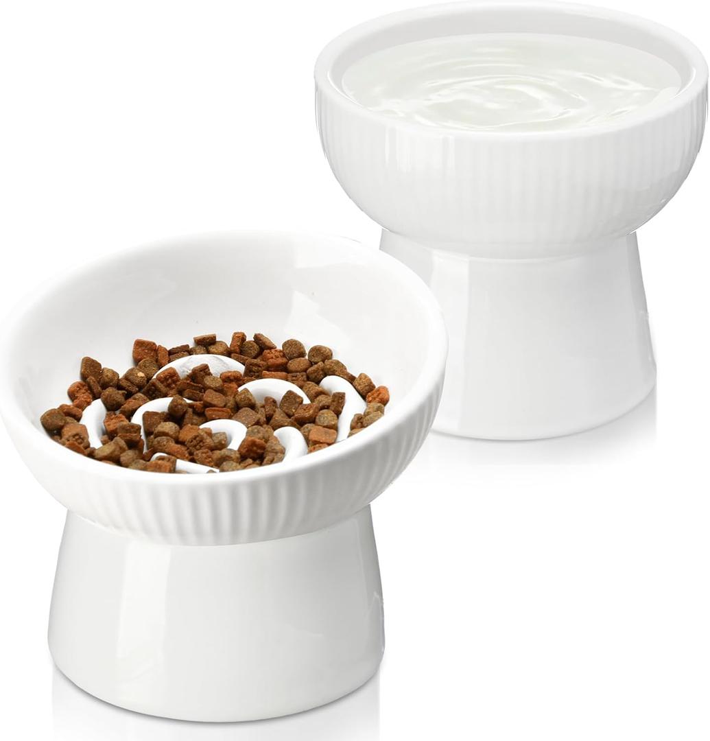 2 Pcs Cat Slow Feeder Bowl, Raised Ceramic Cat Slow Feeder Bowl, Elevated Cats Dog Food Bowls High Edge, Anti Vomiting for Pets Kitten Puppies Dry Wet Food and Water, Dishwasher Safe