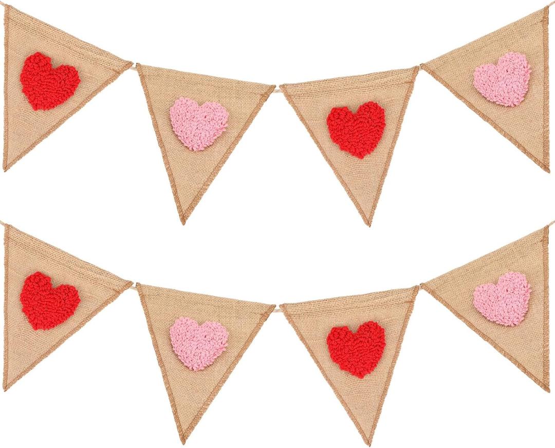8.2 ft Valentine's Day Banner Tufted Heart Burlap Banner Valentines Day Decoration Red Pink Heart Pennant Triangle Flag Garland for Wedding Birthday Anniversary Engagement Party Decorations