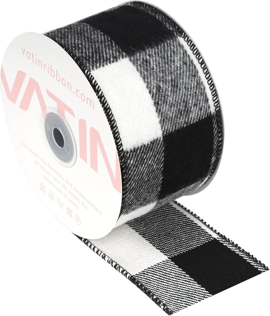 VATIN Black White Buffalo Plaid Ribbon, 2-1/2-Inch x 10 Yards, for Holiday Crafts, Christmas Tree Decor, Ribbon for Gift Wrapping