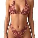 MakeMeChic Women's Polka Dots Triangle Thong Bikini Sets Floral Cute Bathing Suit Swimsuits Floral Print Brown Small