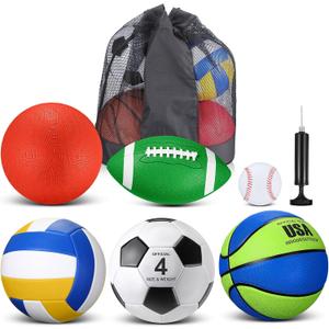 Realspring 6 Pcs Kids Sport Ball Set Includes Official Size Soccer, Basketball, Football, Volleyball, Playground Ball, Baseball with Bag & Pump Back to School Gift for Teens Outdoor Sport Play, 7.9"