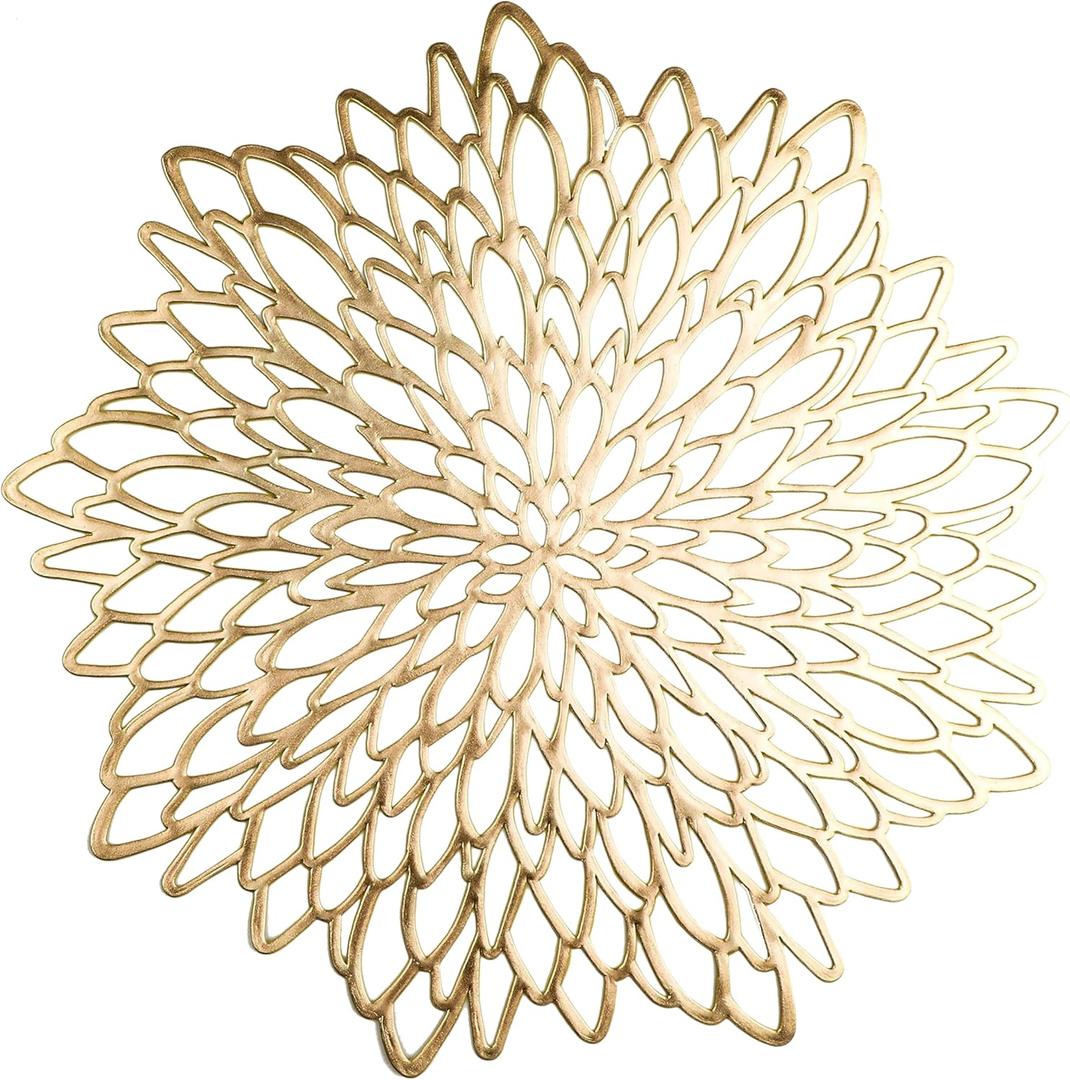 Snowkingdom 4 Pack Gold Placemats Metallic Pressed Vinyl Golden for Dinning Table Place Mats Round Floral Charger Decoration for Christmas Thanksgiving Holiday Wedding