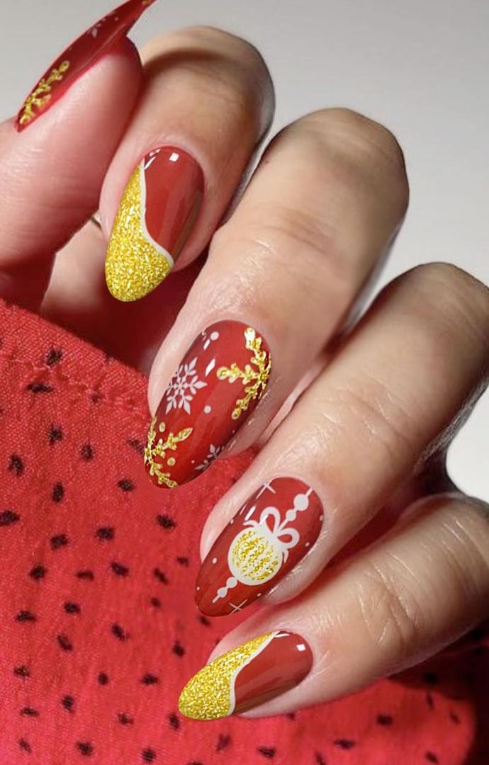 3 x JMEOWIO Gel Nail Stickers Christmas Snowflake Glitter Red Semi Cured Gel Nail Strips Wraps UV/LED Nails Art Design Decoration Accessories