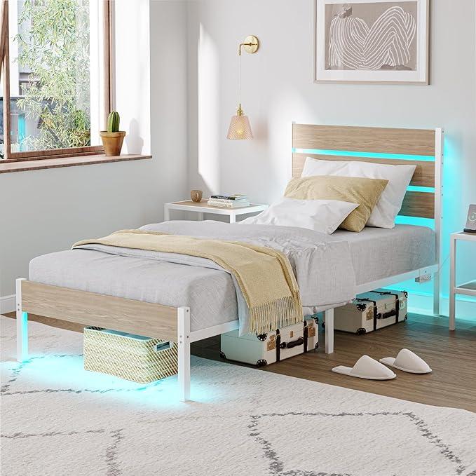 Twin Size Bed Frame with Charging Station, LED Light Metal Bed Frame with Wooden Headboard, No Box Spring Required, No Noise, Easy Assembly, White