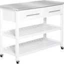 HOMCOM Kitchen Island with Stainless Steel Top, Traditional Kitchen Island with Storage, Butcher Block Cart 2-Tier Open Shelves, Drawers, White